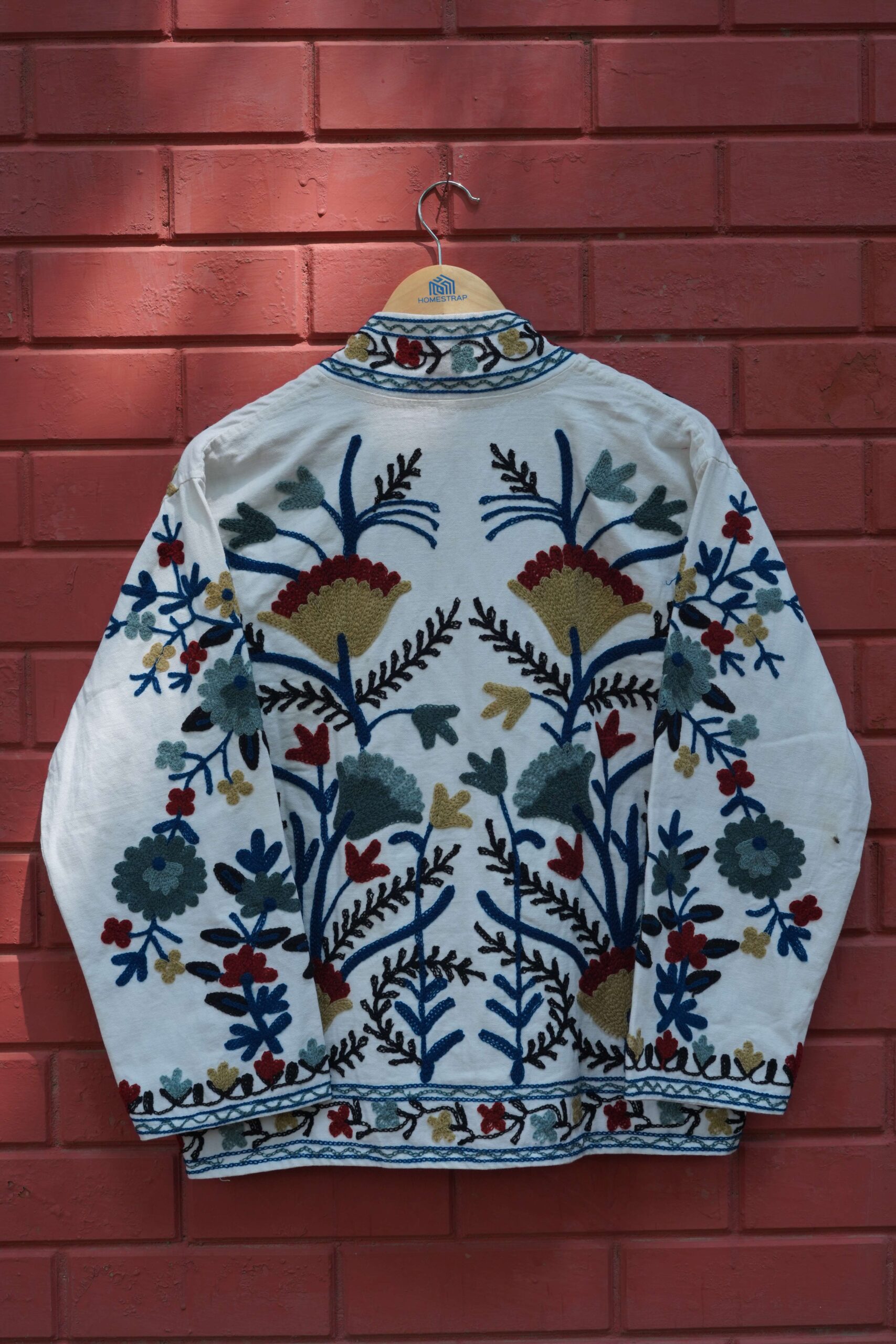 Womens White Velvet Embroidered Jacket with Floral Design - Image 8