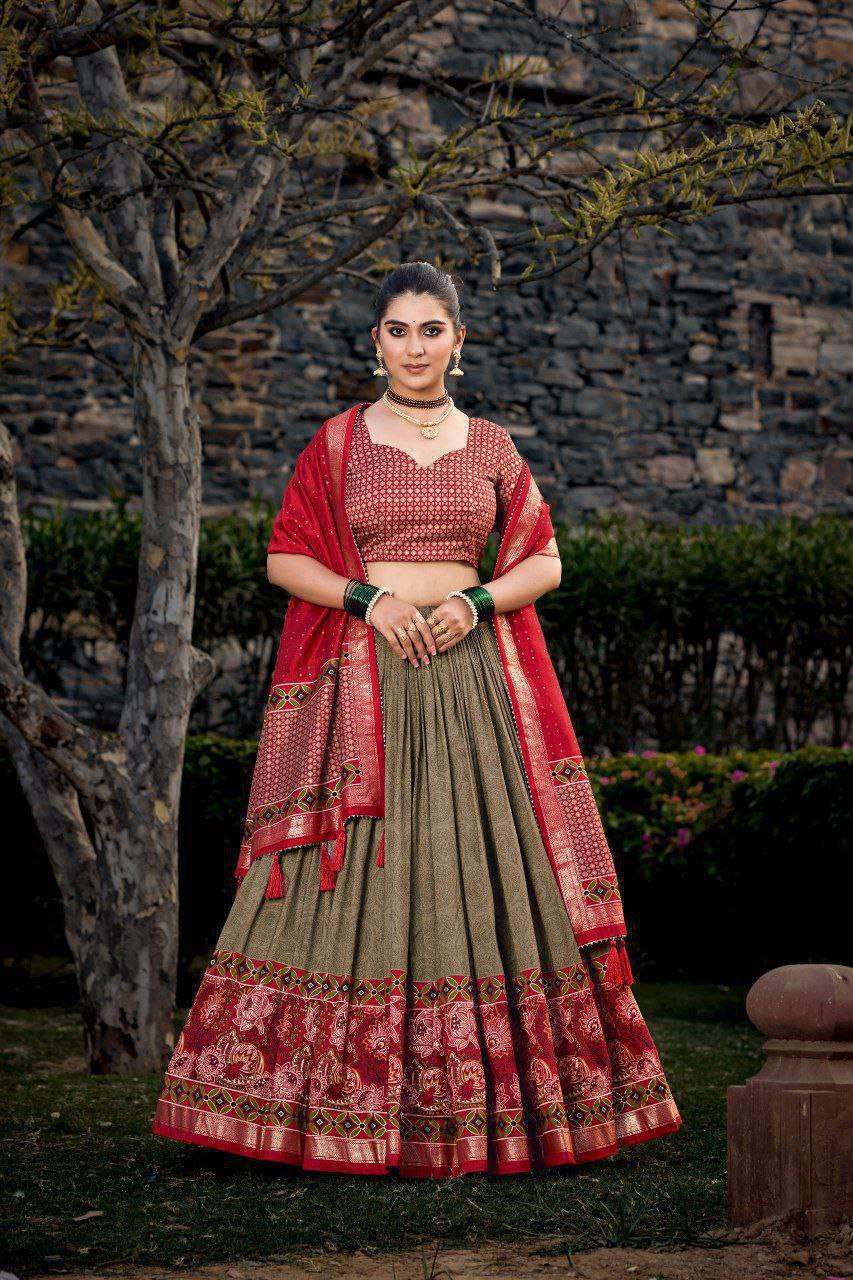 Green Tussar Silk Lehenga Choli with Red Blouse | Floral & Foil Print | Wedding & Festive Wear - Image 3