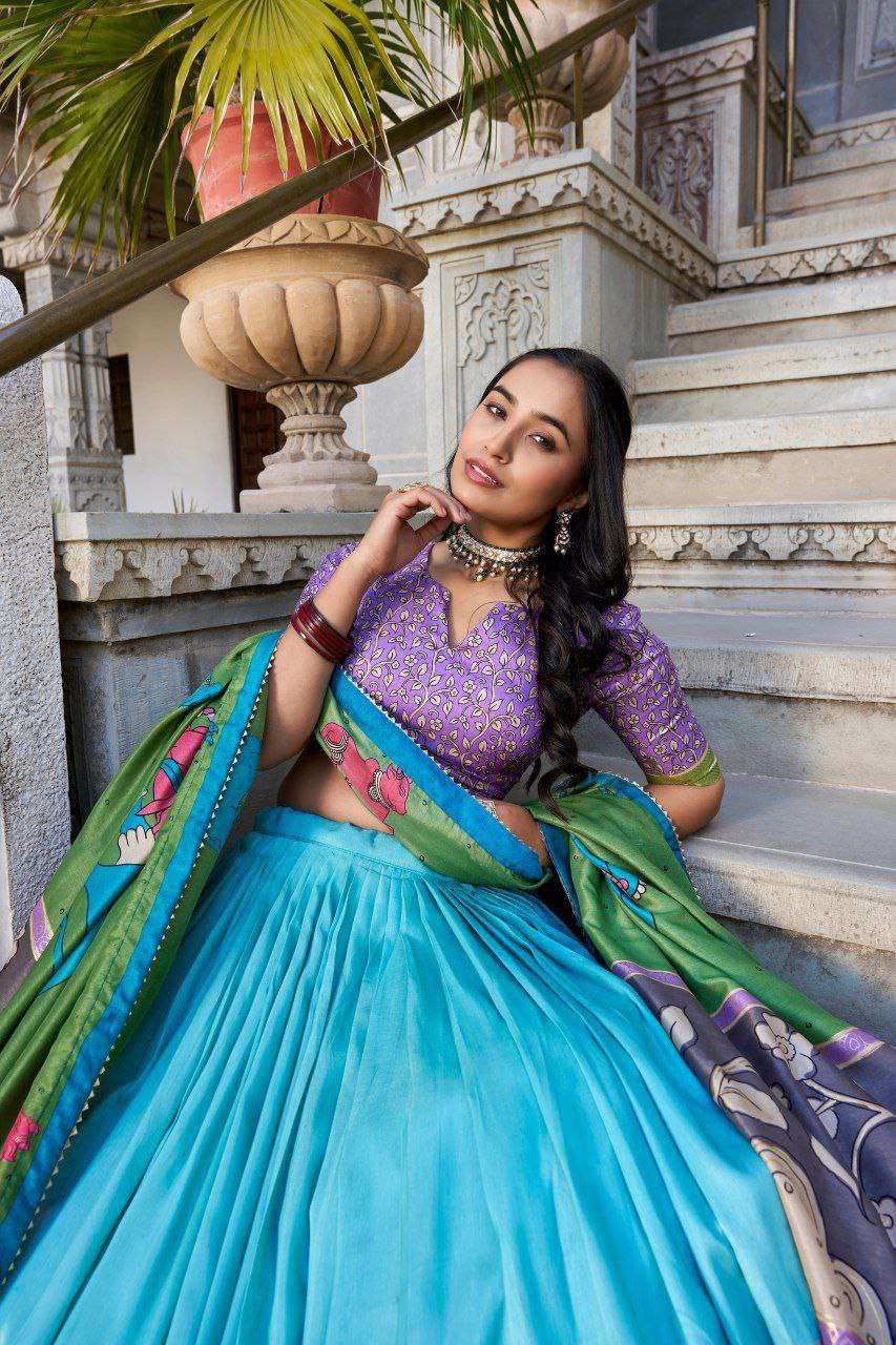 Sky Blue Tussar Silk Lehenga Choli with Purple Blouse | Kalamkari & Foil Work | Wedding & Festive Wear - Image 2