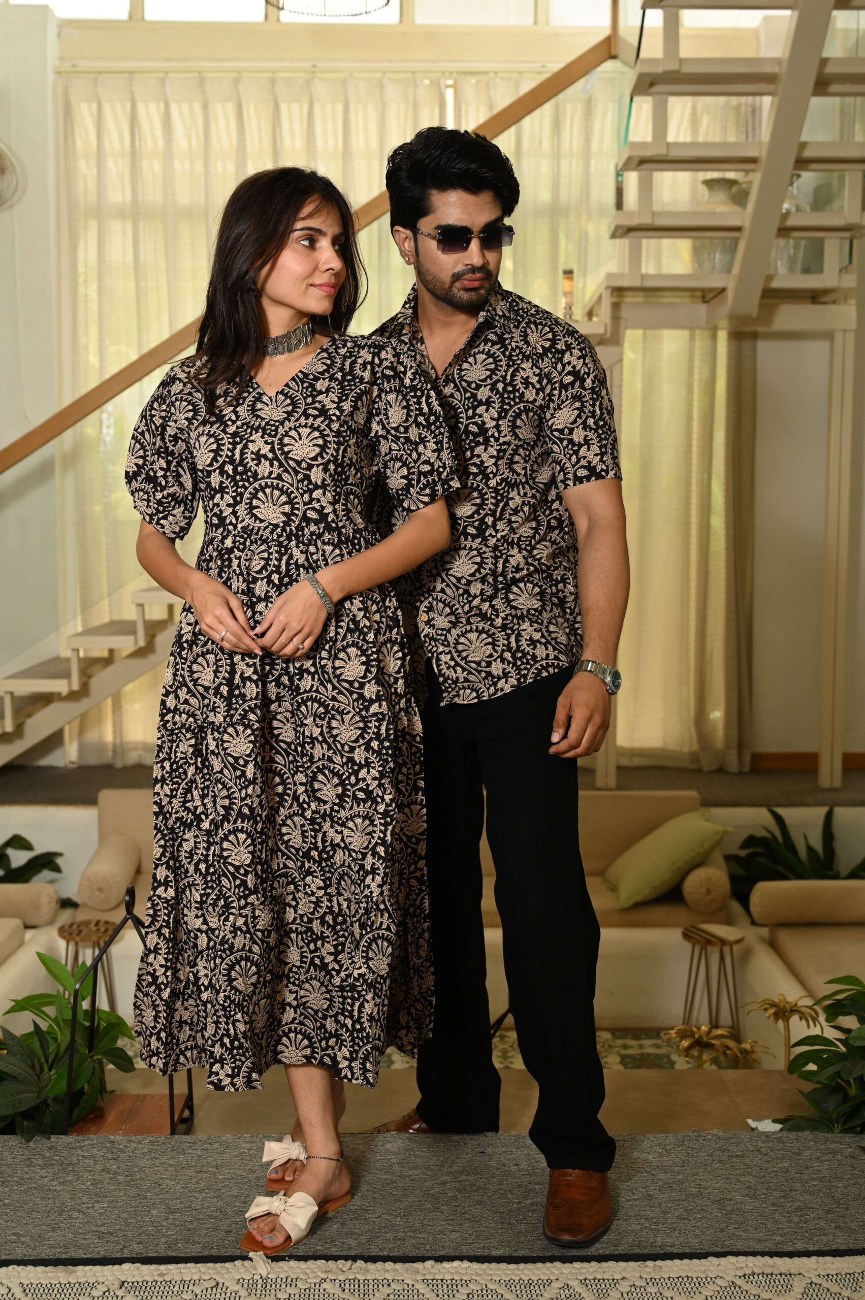 Couple Matching Red Printed Cotton Anarkali Midi Dress & Shirt Set ? Summer Casual Wear