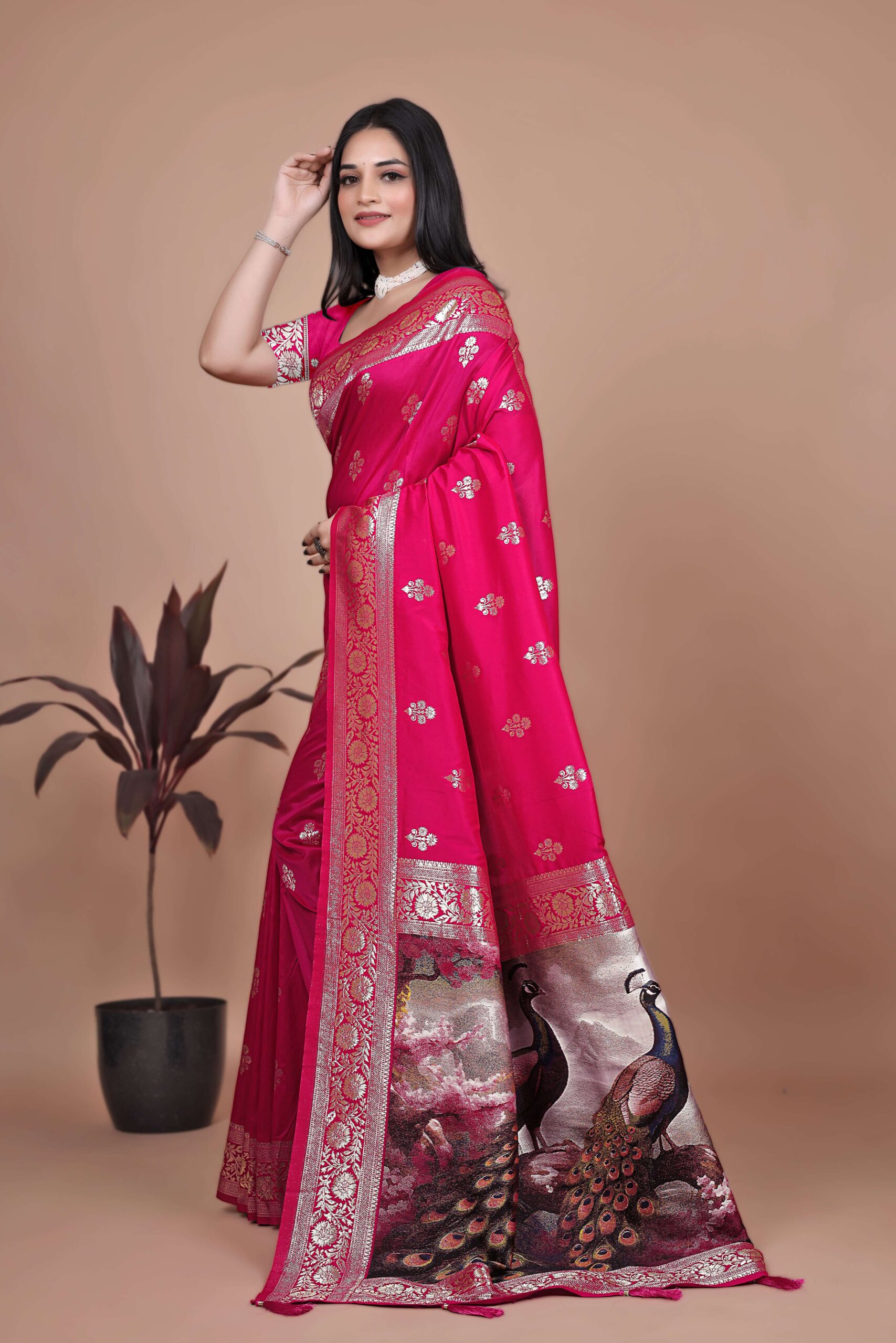 Majestic Magenta Silk Saree with Silver Zari & Twin Peacock Pallu | Wedding, Festive & Traditional Wear - Image 3