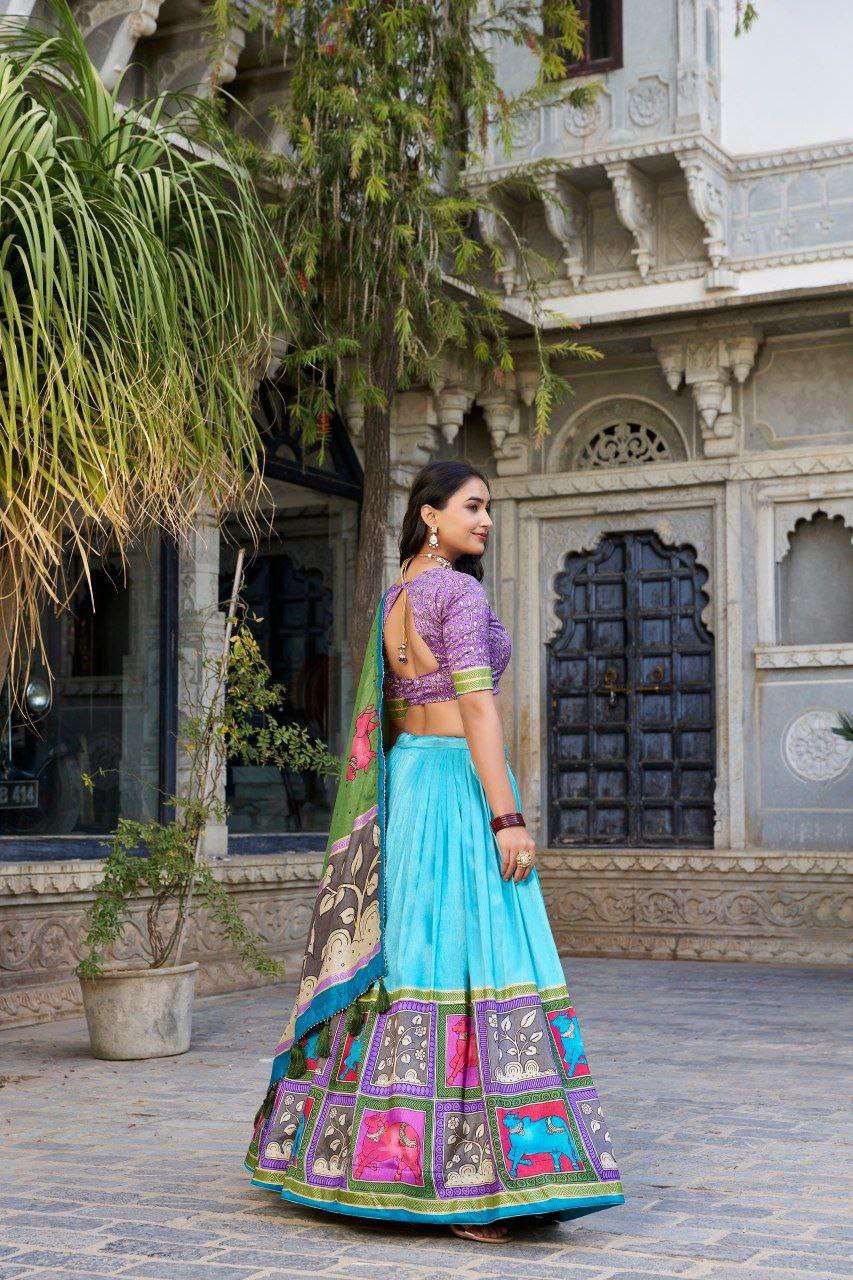 Sky Blue Tussar Silk Lehenga Choli with Purple Blouse | Kalamkari & Foil Work | Wedding & Festive Wear - Image 3