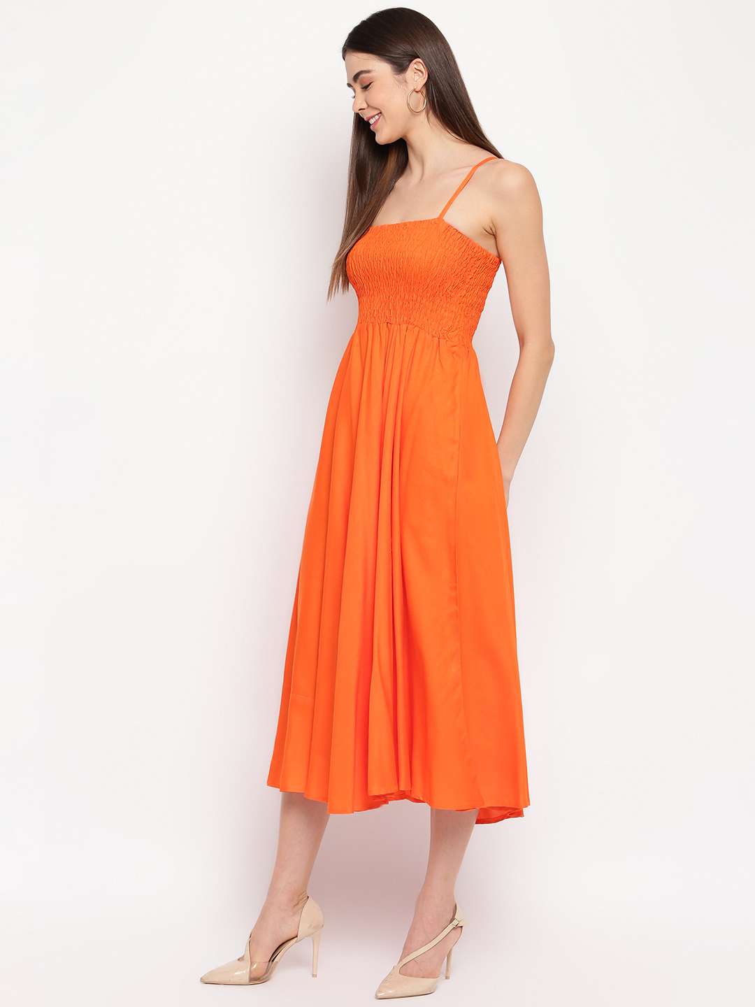 Women's Viscose Rayon Solid Shoulder Straps Sleeveless Flared Gown Drees (Orange) - Image 5