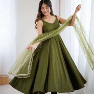 Womens Pure Romansilk Chanderi Anarkali Kurti with Pant & Dupatta Set